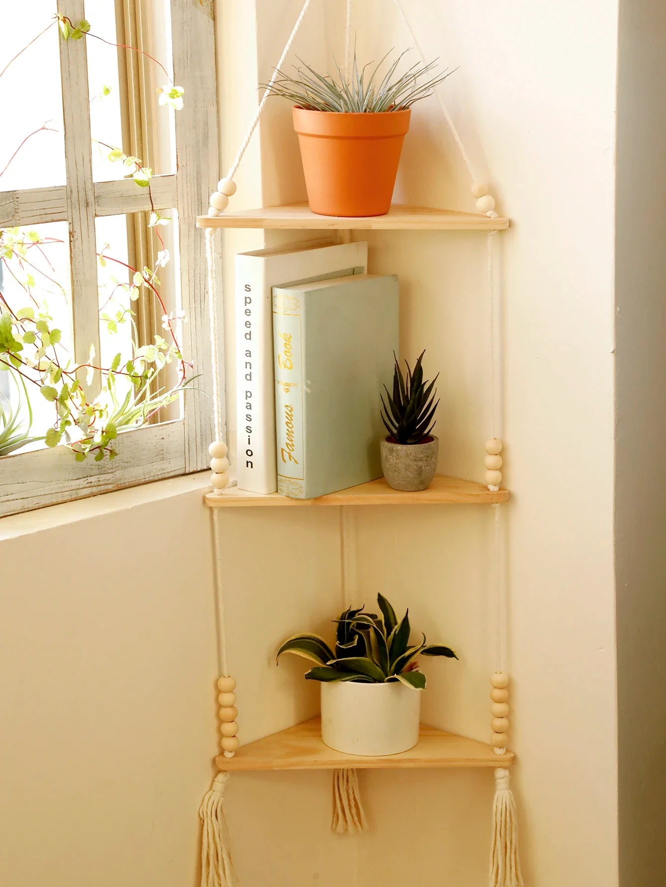Boho Macrame Hanging Wooden Shelf – Handcrafted Floating Wall Shelf for Home Decor