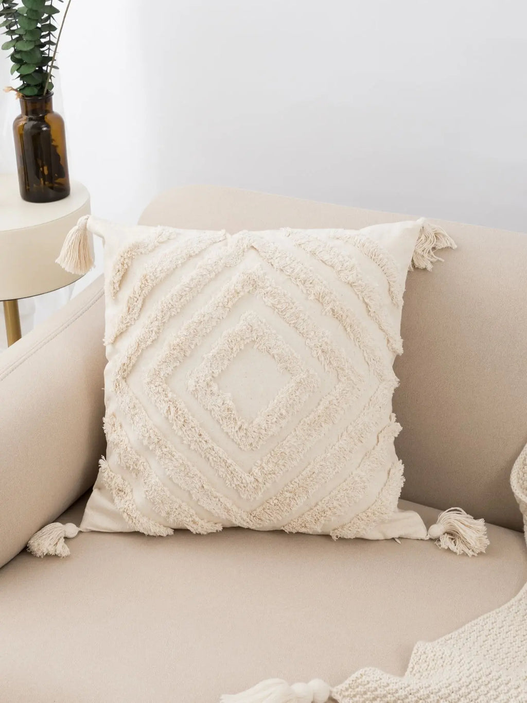 Beige Diamond Shaped Tufted Fringed Pillow Cover