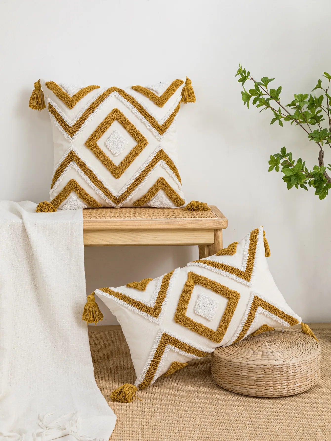 Geometric Diamond Pillow Cover With Tassels – Boho Home Decor Accent for Couch, Bed, or Chair