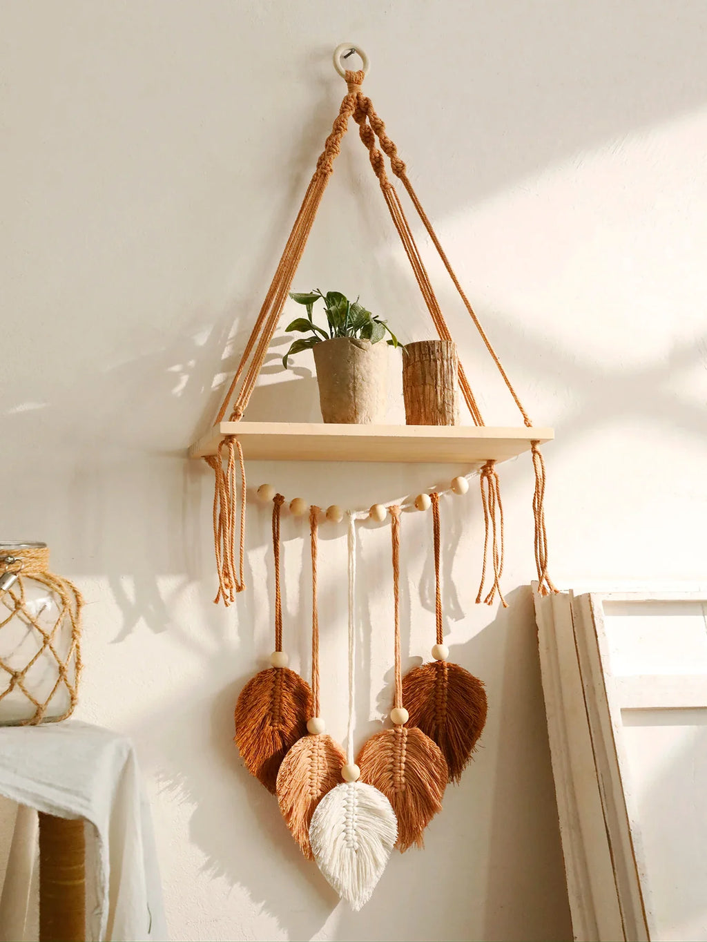 Boho Macrame Floating Wall Shelf with Leaf Tassels