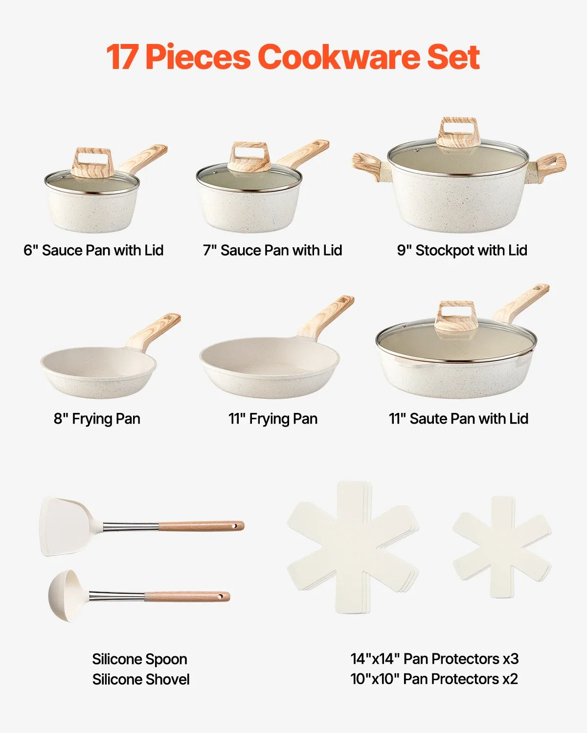 VEVOR 17 Piece Pots and Pans Set Granite Nonstick Cookware Set Induction Cookwares Kitchen RV Cooking Sets with Pan Protectors