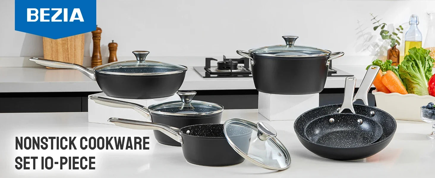 Induction Cookware Nonstick, 10-Piece, BEZIA Pots and Pans Set for Induction Cooktop, Compatible with All Stoves