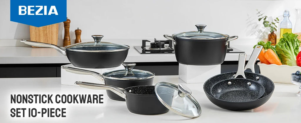 BEZIA 10-Piece Induction Cookware Set – Nonstick Pots and Pans for All Stoves, Durable Nonstick Kitchen Set for Induction Cooktops