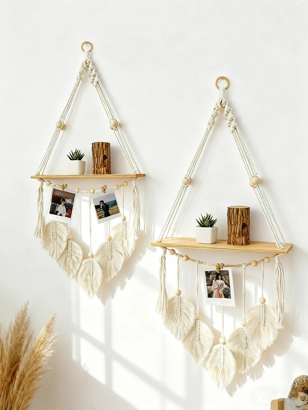 Boho Macrame Floating Wall Shelf with Leaf Tassels