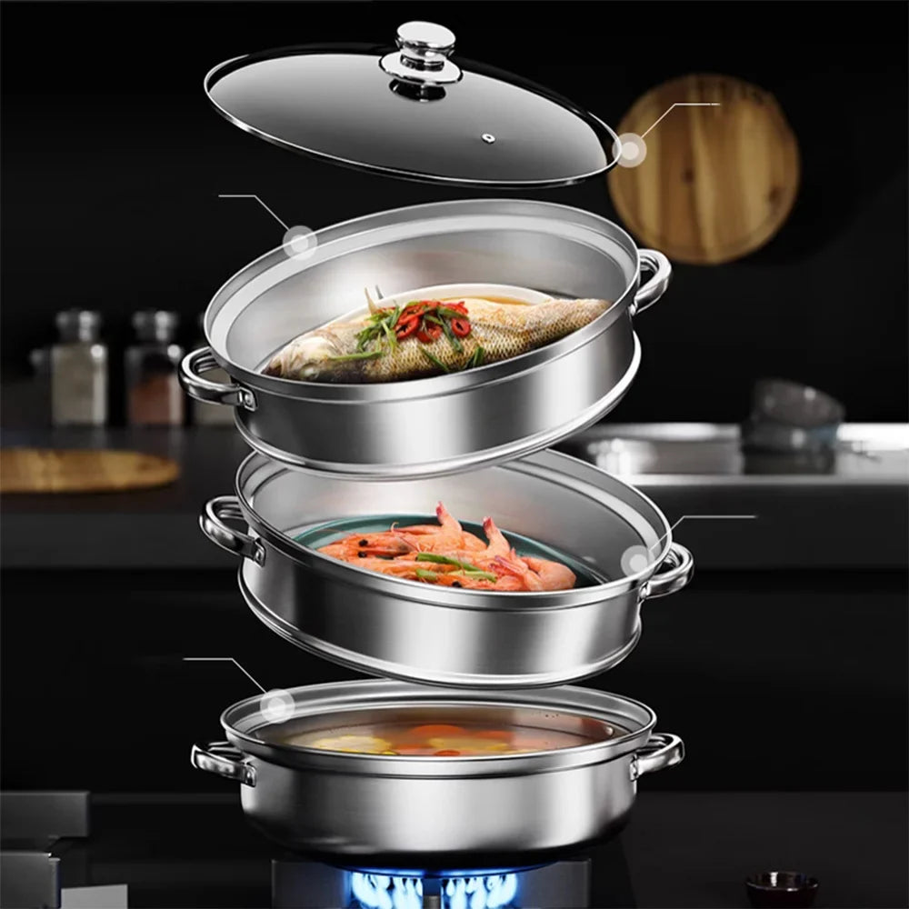 5PCS Stainless Steel Double & Triple Layer Steamer Soup Pot – 2-in-1 Multifunctional Cooking Set