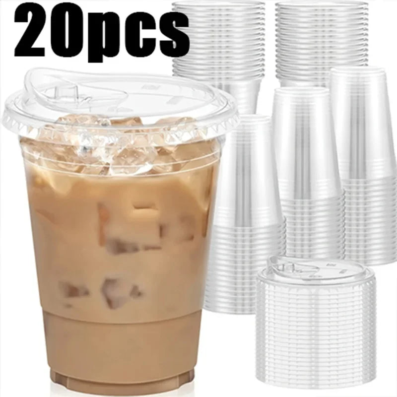 20 PCS,Disposable Coffee Cups - Direct Drink Lid, Leak-Proof PET, for Cafes, Milk Tea Shops, Parties & Cold Drinks
