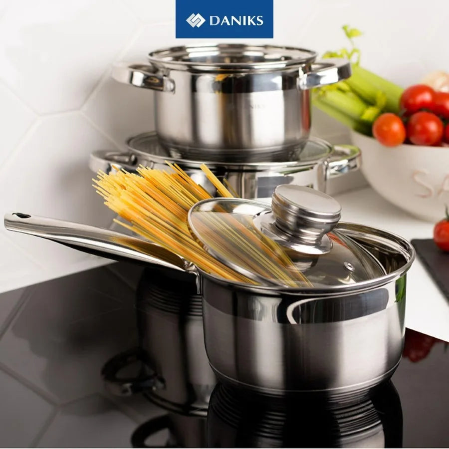 Standard 9-Piece Stainless Steel Induction Cookware Set, Saucepan, Dishwasher Safe Pots, Measuring Scale, Glass Lids, For Soup,