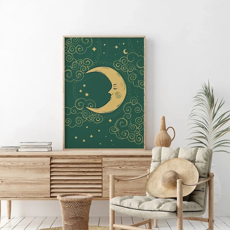 Celestial Green & Gold Sun + Moon Canvas Wall Art