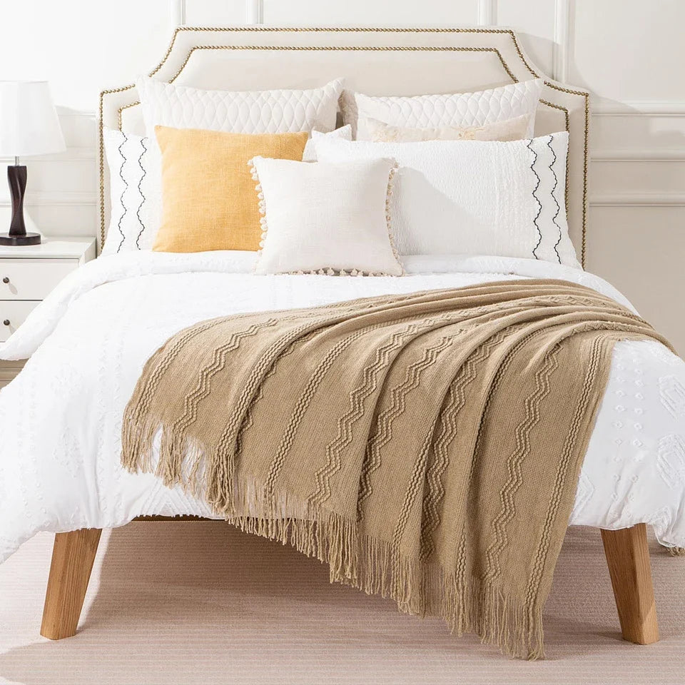 Boho Knit Throw Blanket – Soft Lightweight Acrylic Blanket with Tassels