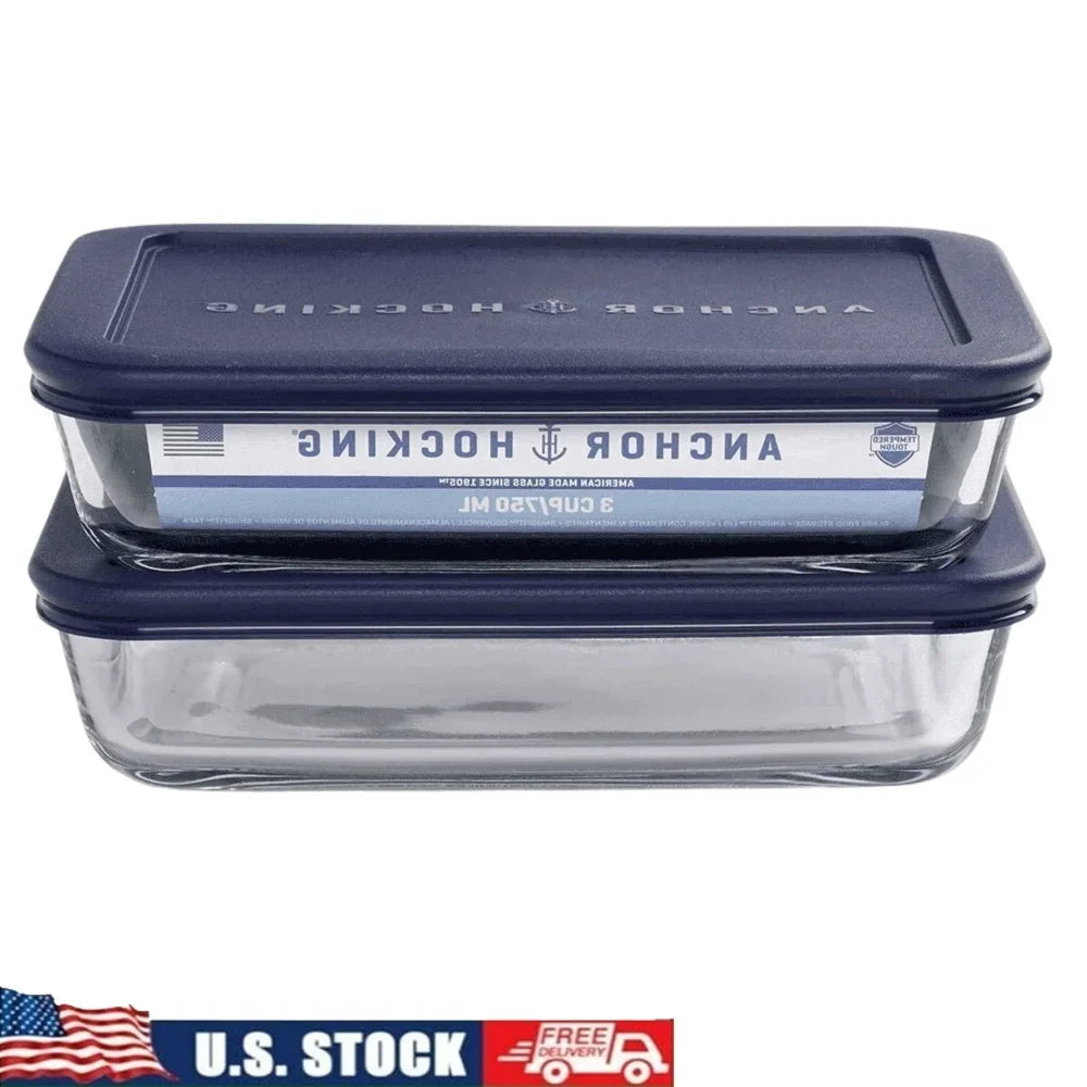 Glass Food Storage Containers Set of 2 Ergonomic Lids BPA Free Versatile Microwave Dishwasher Safe 3 Cup Rectangular Jars