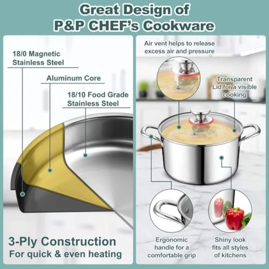 10 Pcs Pots and Pans Set Stainless Steel Cookware Sets for Kitchen Induction Cookware Nontoxic Kitchen Cooking Set w Fry Pans S