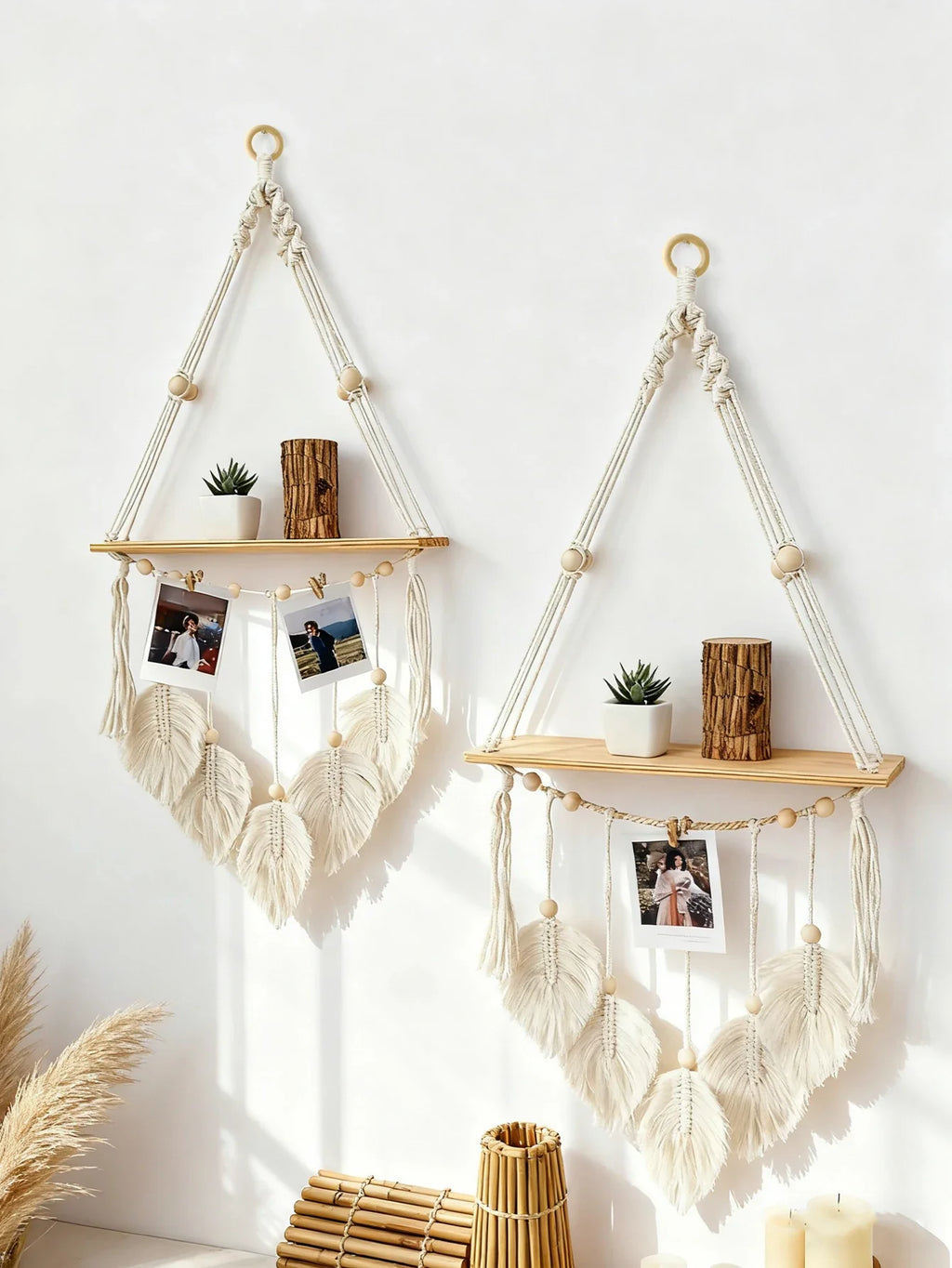 Boho Macrame Floating Wall Shelf with Leaf Tassels
