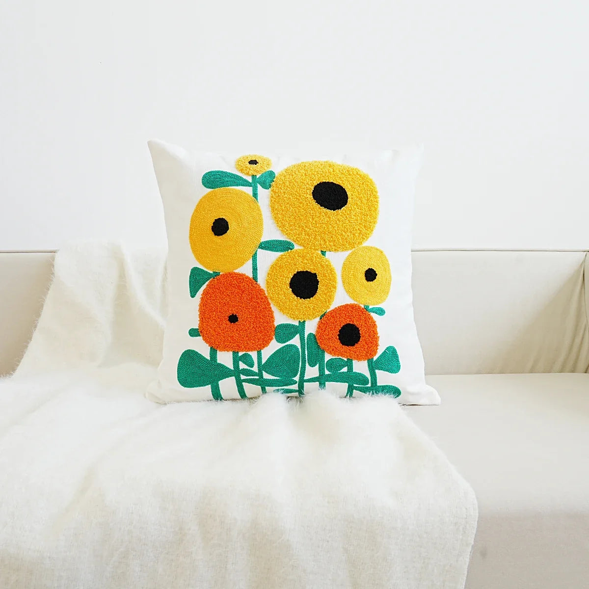Boho Home Decor Floral Embroidered Pillow Cover – Square Decorative Cushion Case for Sofa & Home