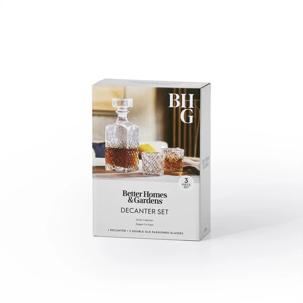 Diamond Cut Clear Glass Decanter and DOF Set 3 Pack 32oz Decanter 8oz Old Fashioned Glasses Durable Dishwasher Safe