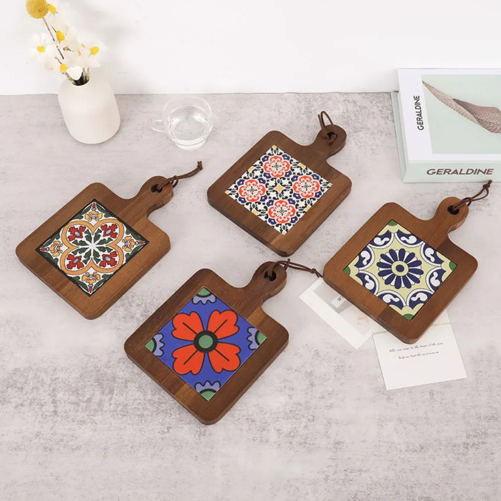 Boho Wood & Decorative Tile Trivet