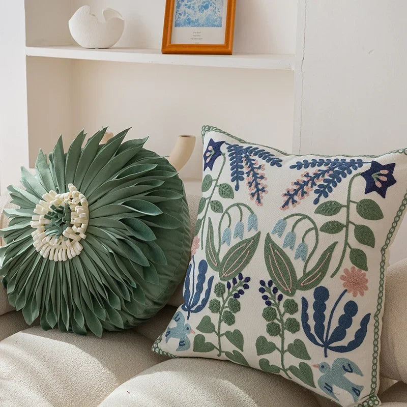 Floral Embroidered Cotton Pillow Cover