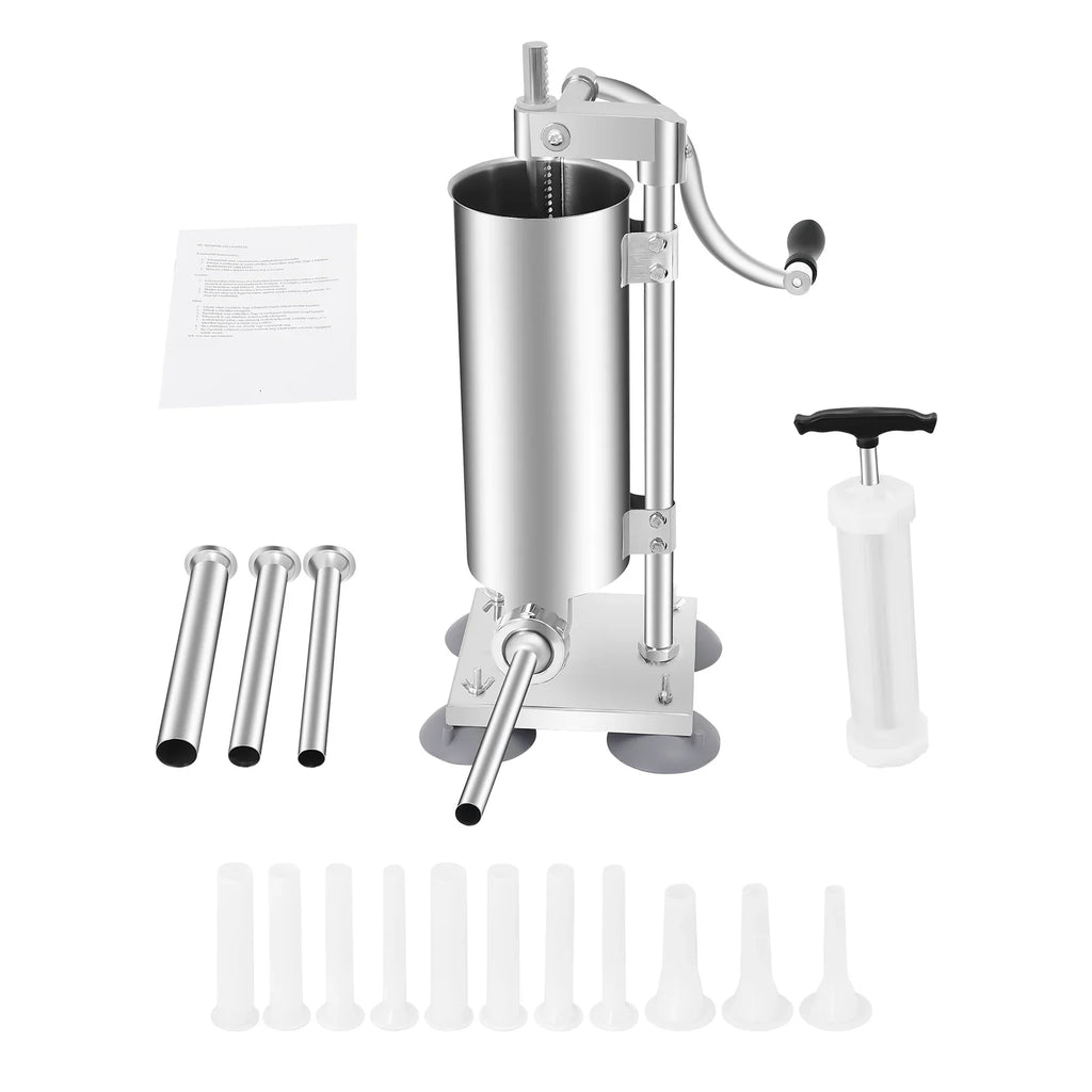 3L Vertical Manual Sausage Stuffer Machine – Stainless Steel Sausage Maker with 4 Steel & 7 PE Tubes