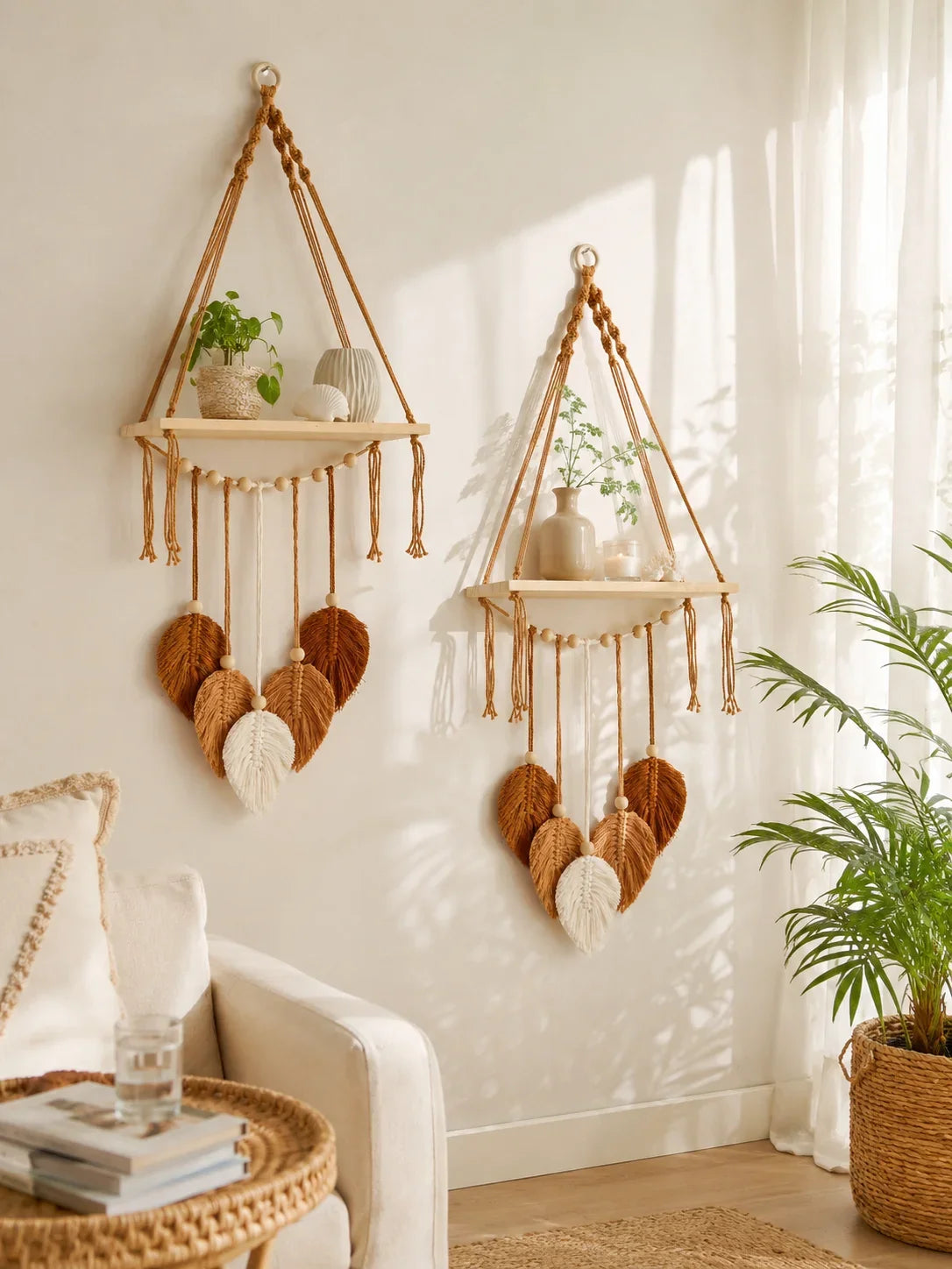 Boho Macrame Floating Wall Shelf with Leaf Tassels