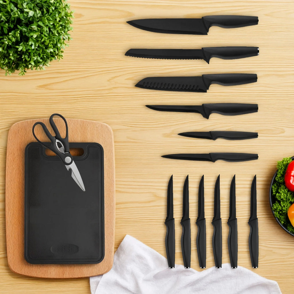 15-piece kitchen stainless steel knife set with knife holder, space-saving storage, full handling of ingredients