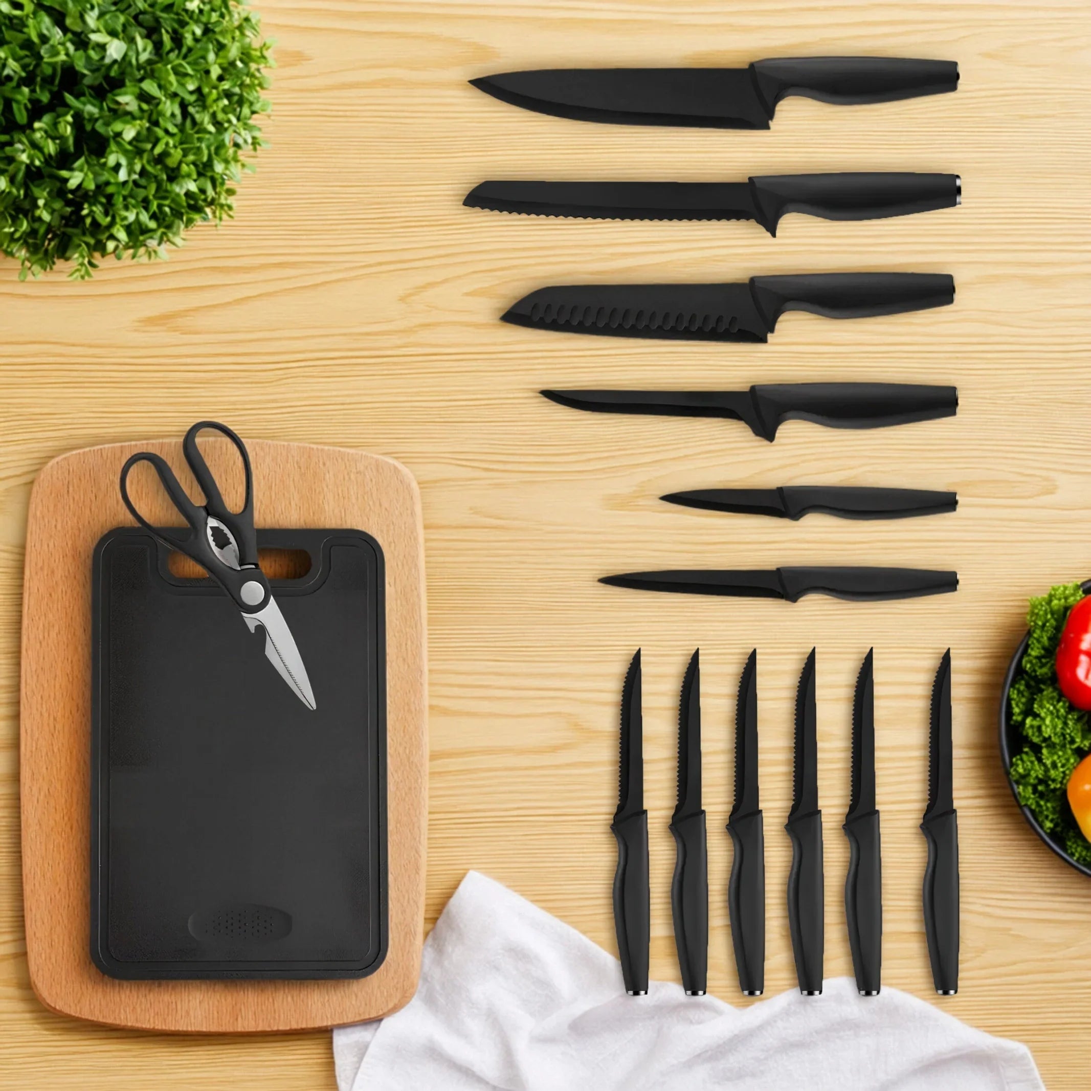 15-piece kitchen stainless steel knife set with knife holder, space-saving storage, full handling of ingredients