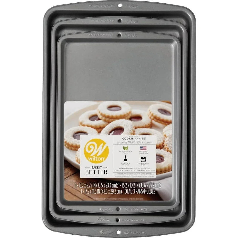 Non-Stick Cookie Sheet Pan Bakeware Set 3-Piece Durable Carbon Steel Baking Trays Dishwasher Safe Oven Safe Heat Resistant Easy