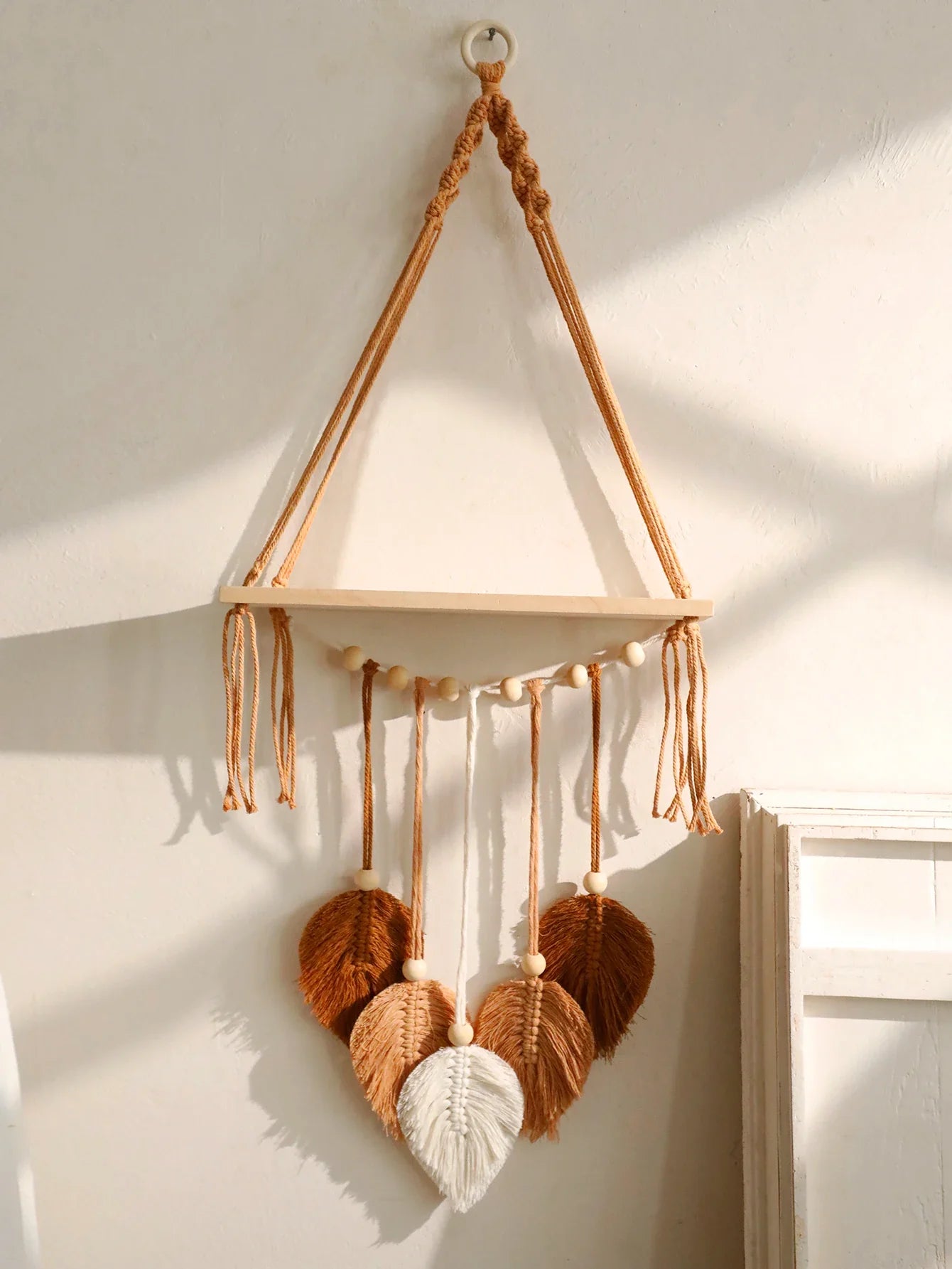 Boho Macrame Floating Wall Shelf with Leaf Tassels