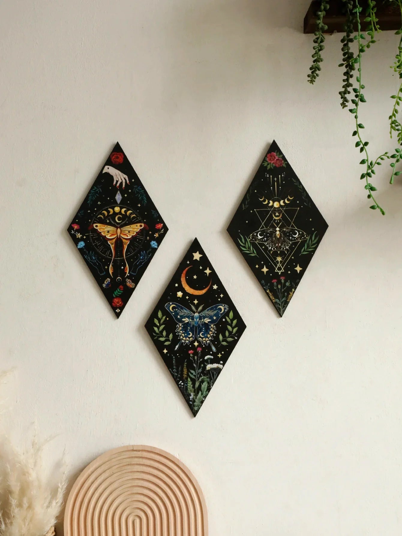 Butterfly & Moon Wooden Wall Art – Hand-Painted Nordic Boho Home Decor Accent