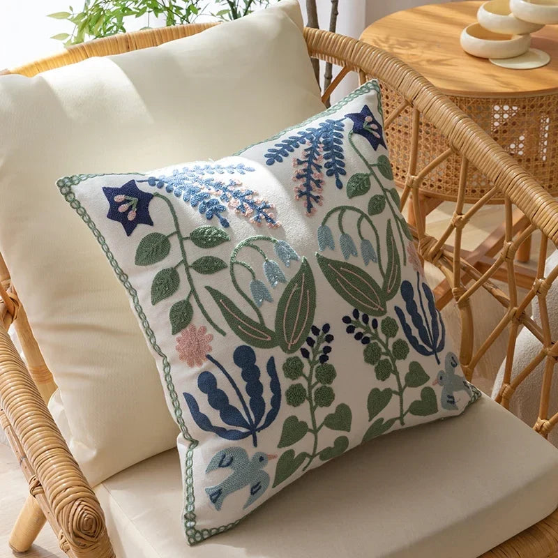 Floral Embroidered Cotton Pillow Cover