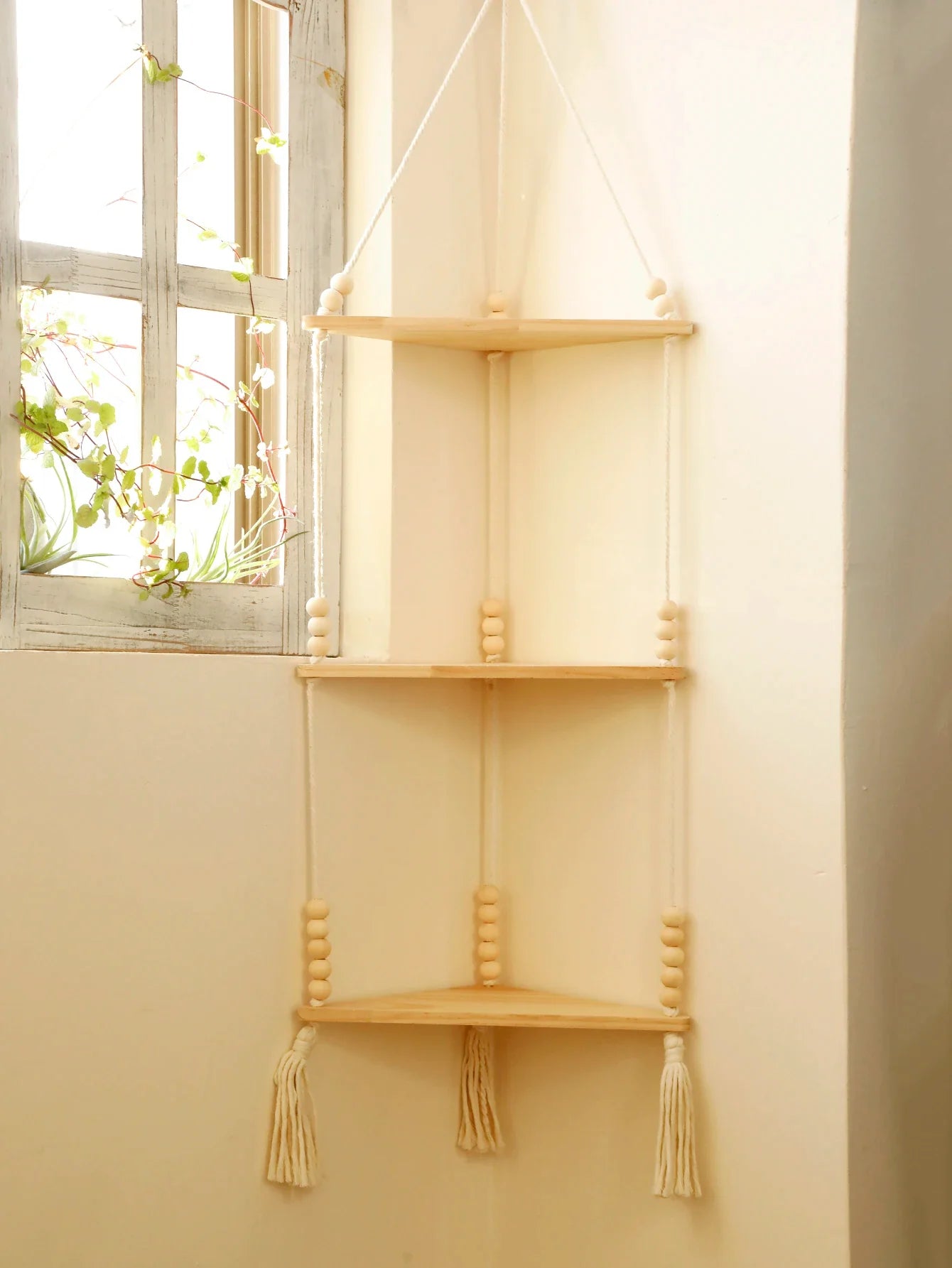 Boho Macrame Hanging Wooden Shelf – Handcrafted Floating Wall Shelf for Home Decor