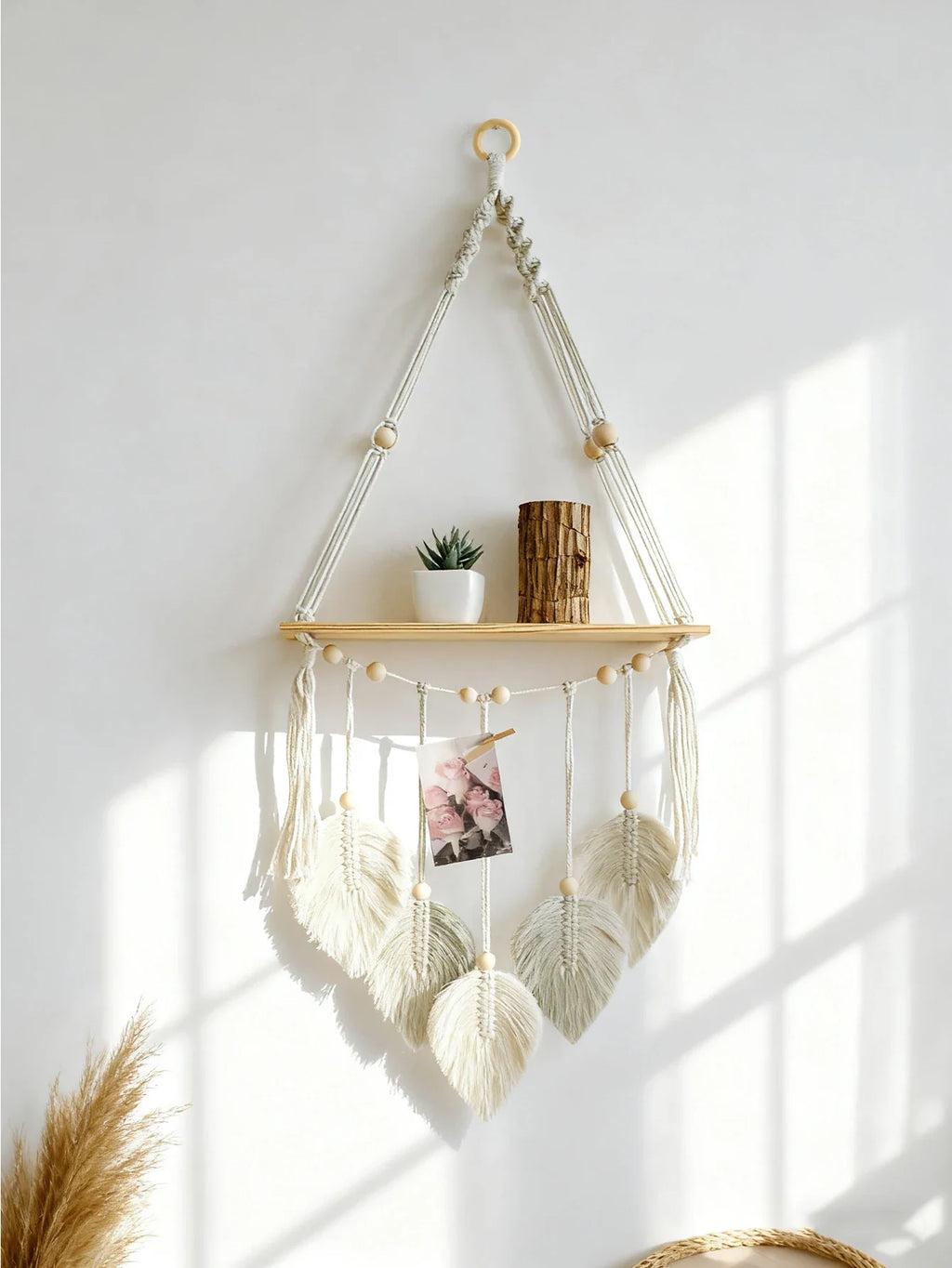 Boho Macrame Floating Wall Shelf with Leaf Tassels