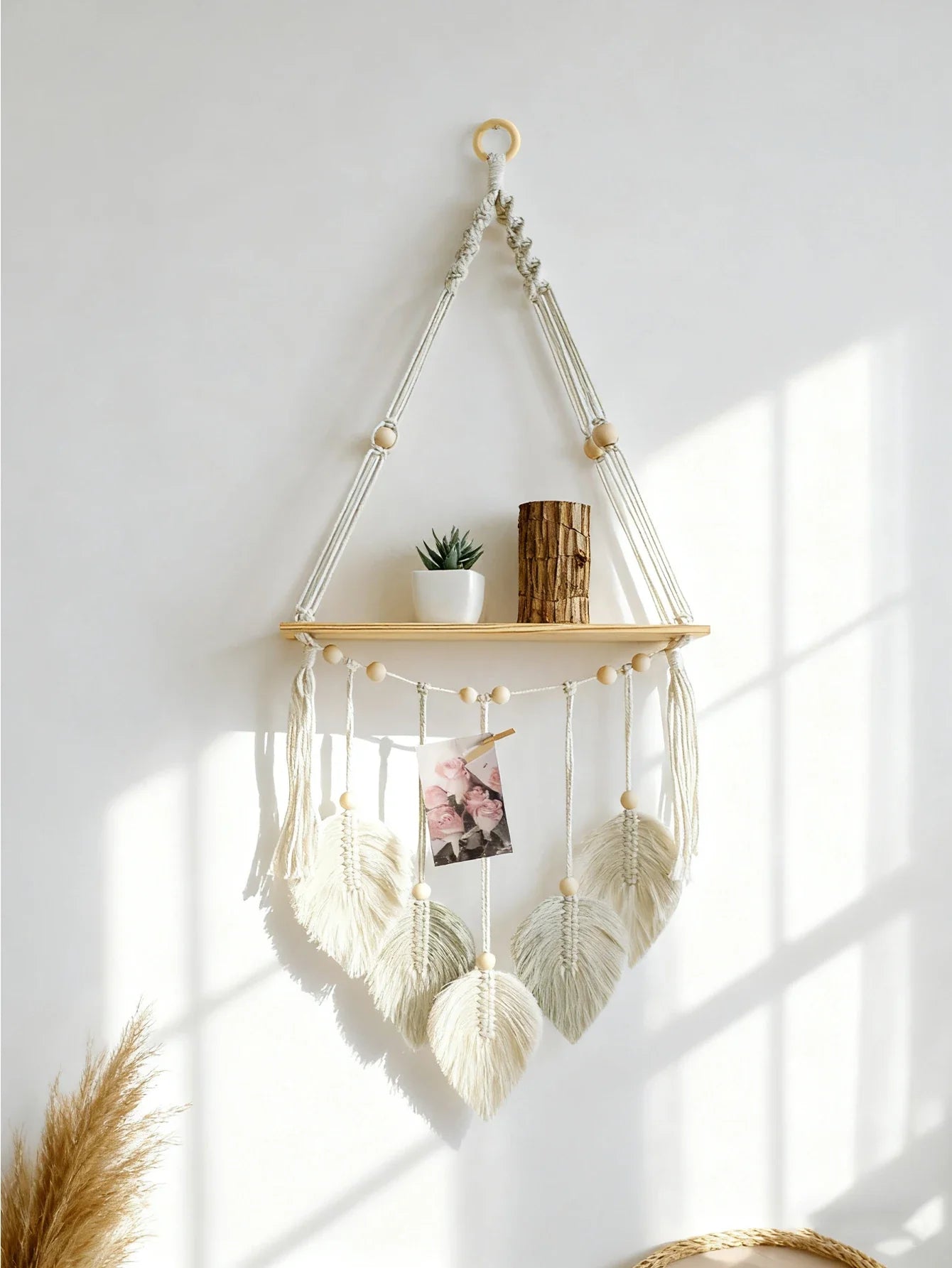Boho Macrame Floating Wall Shelf with Leaf Tassels