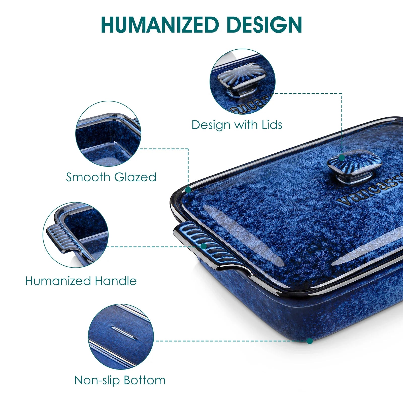 vancasso Starry 3.8/1.9 Quart Blue Casserole Baking Dish large lasagna pan with lid Stoneware casserole with lid Microwave