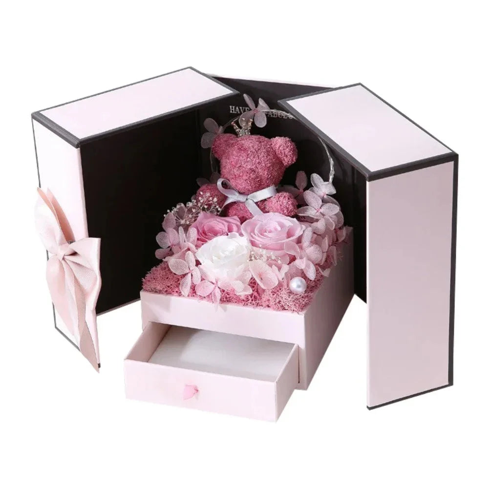 Rose Bear Gift Box with Eternal Rose and Necklace