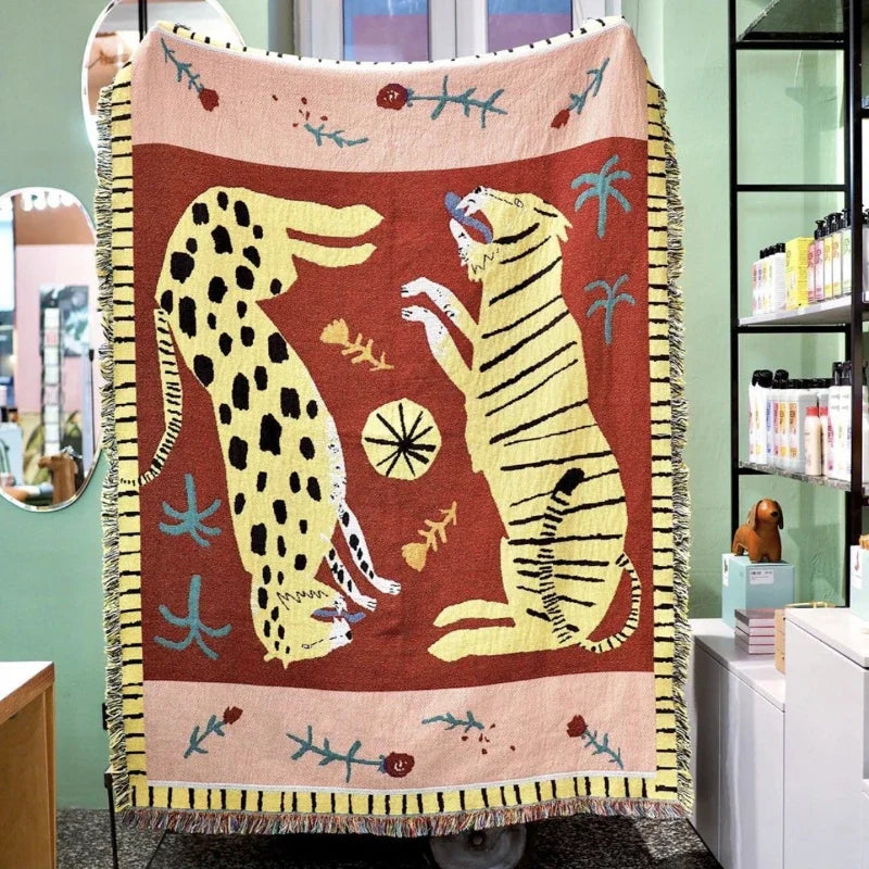 Two Leopard Tapestry Throw Blanket – Woven Cotton Blend Boho Animal Print Blanket for Sofa, Bed & Home Decor