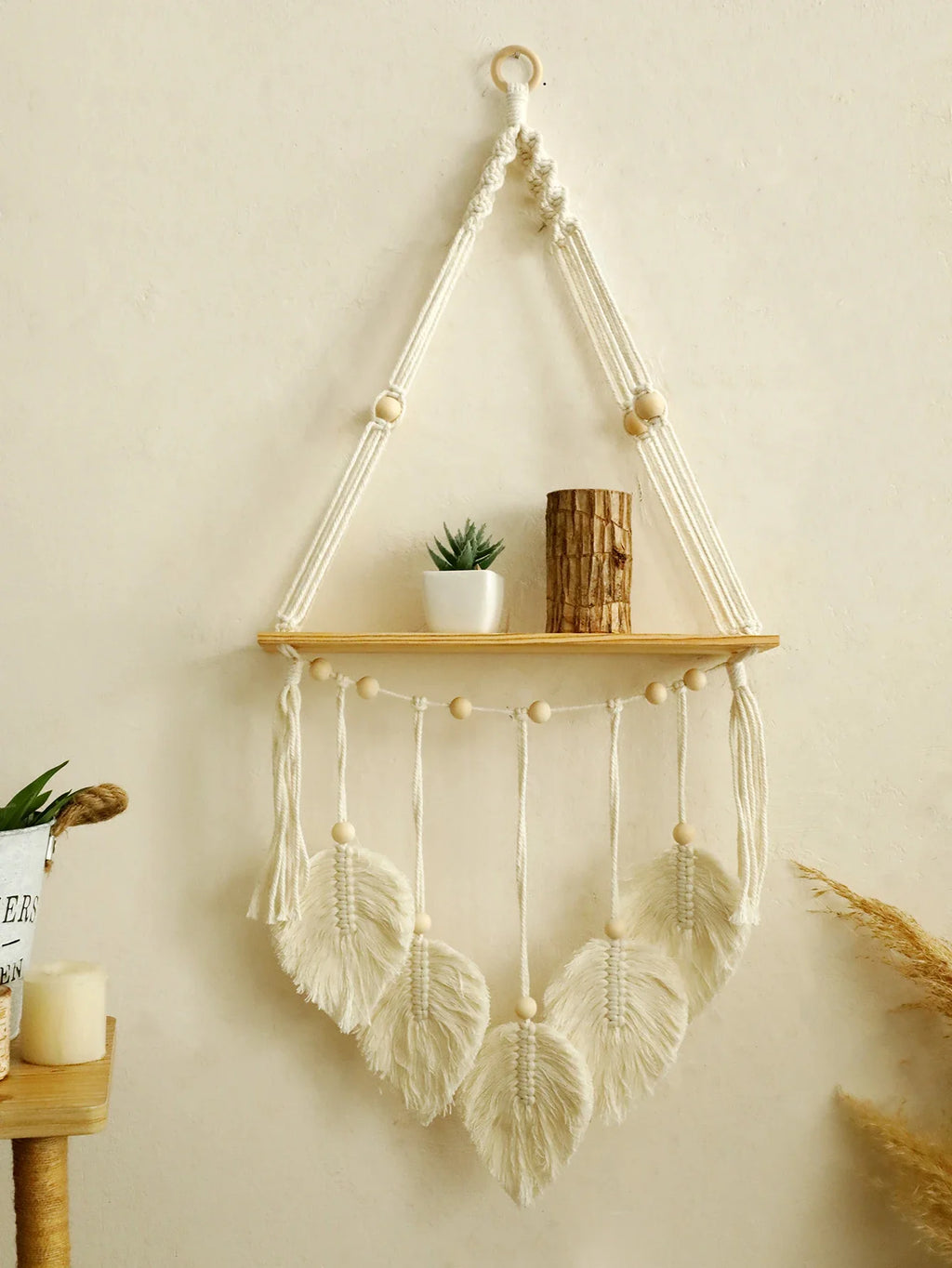 Boho Macrame Floating Wall Shelf with Leaf Tassels