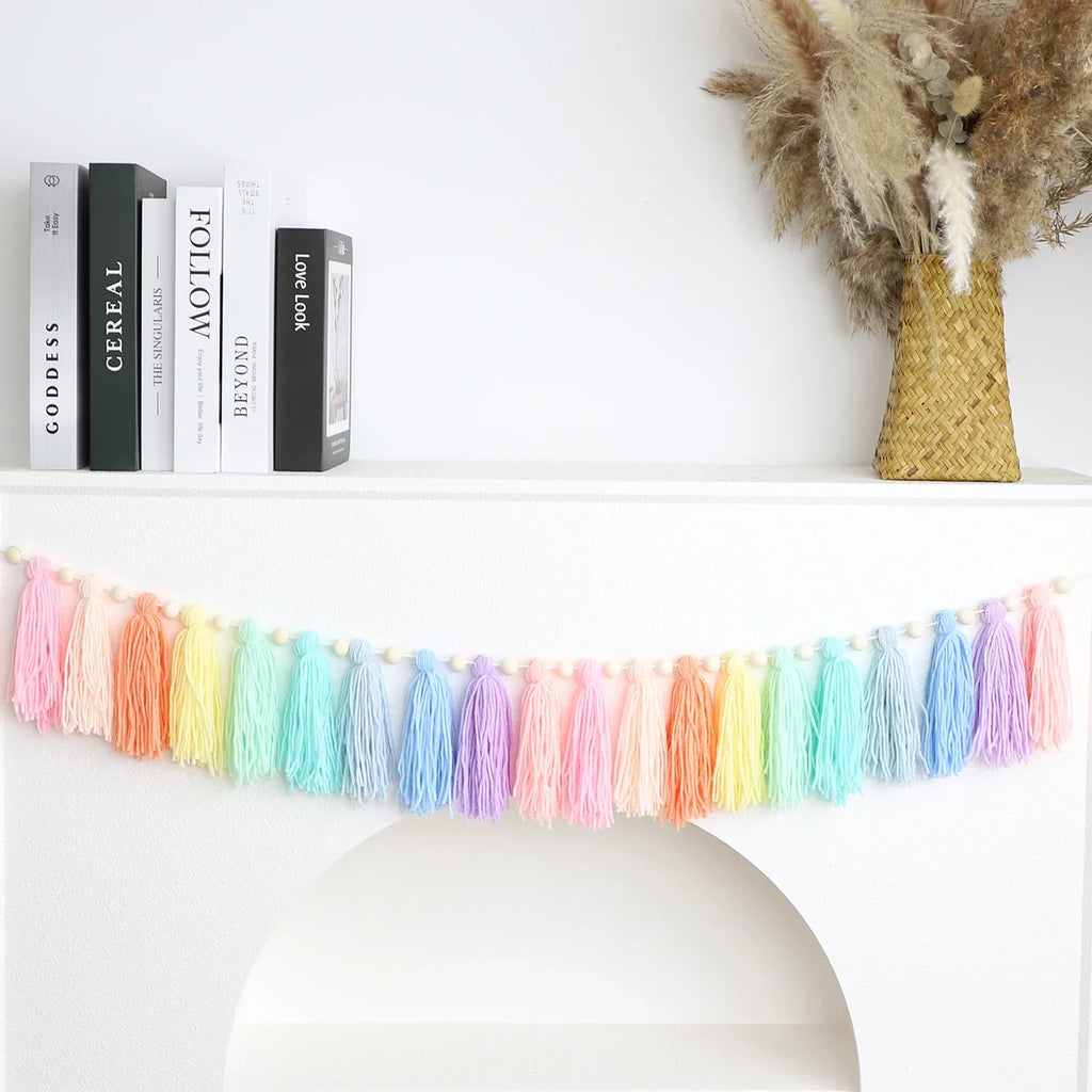 Boho Rainbow Tassel Garland with Wooden Beads