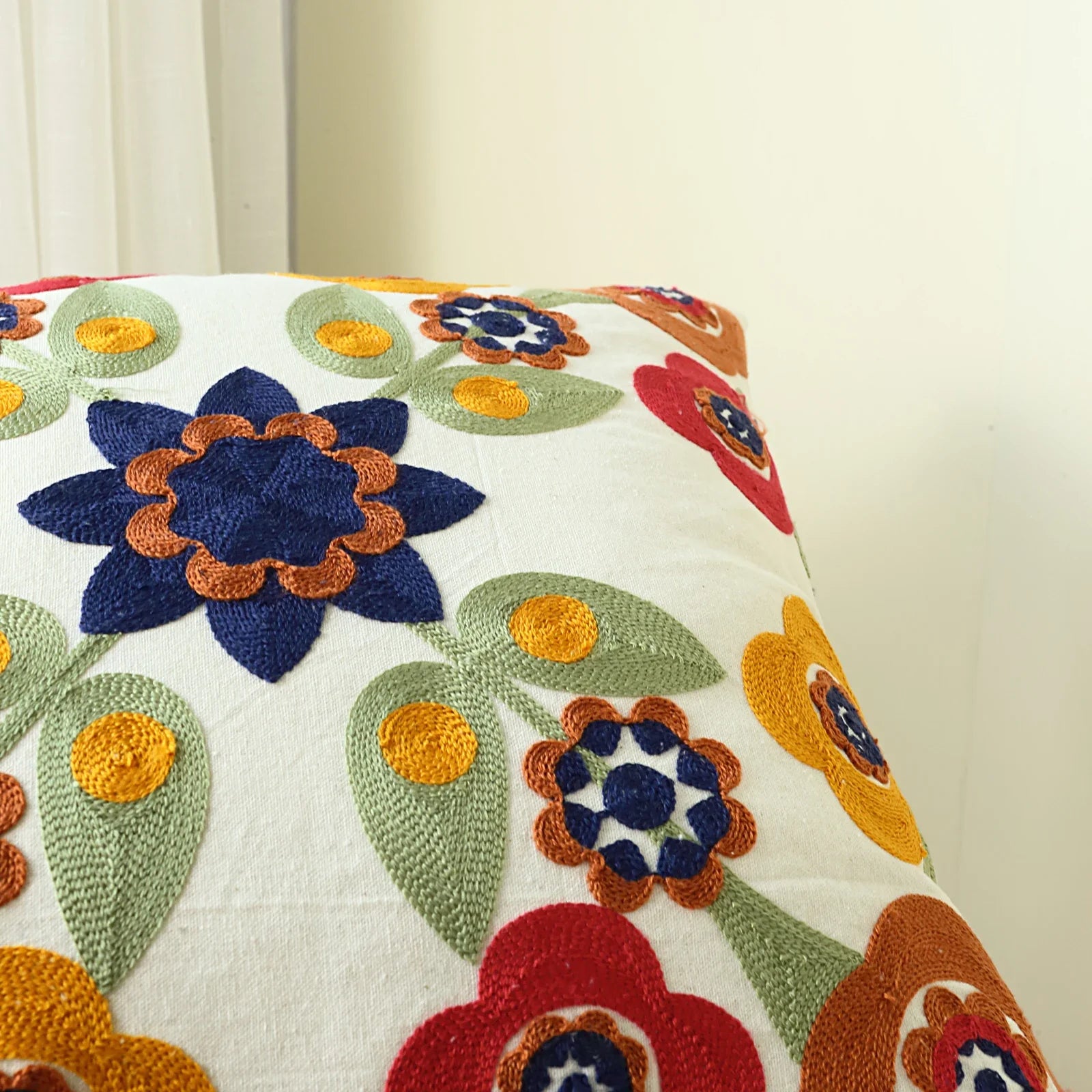 Boho Floral Embroidered Canvas Pillow Cover