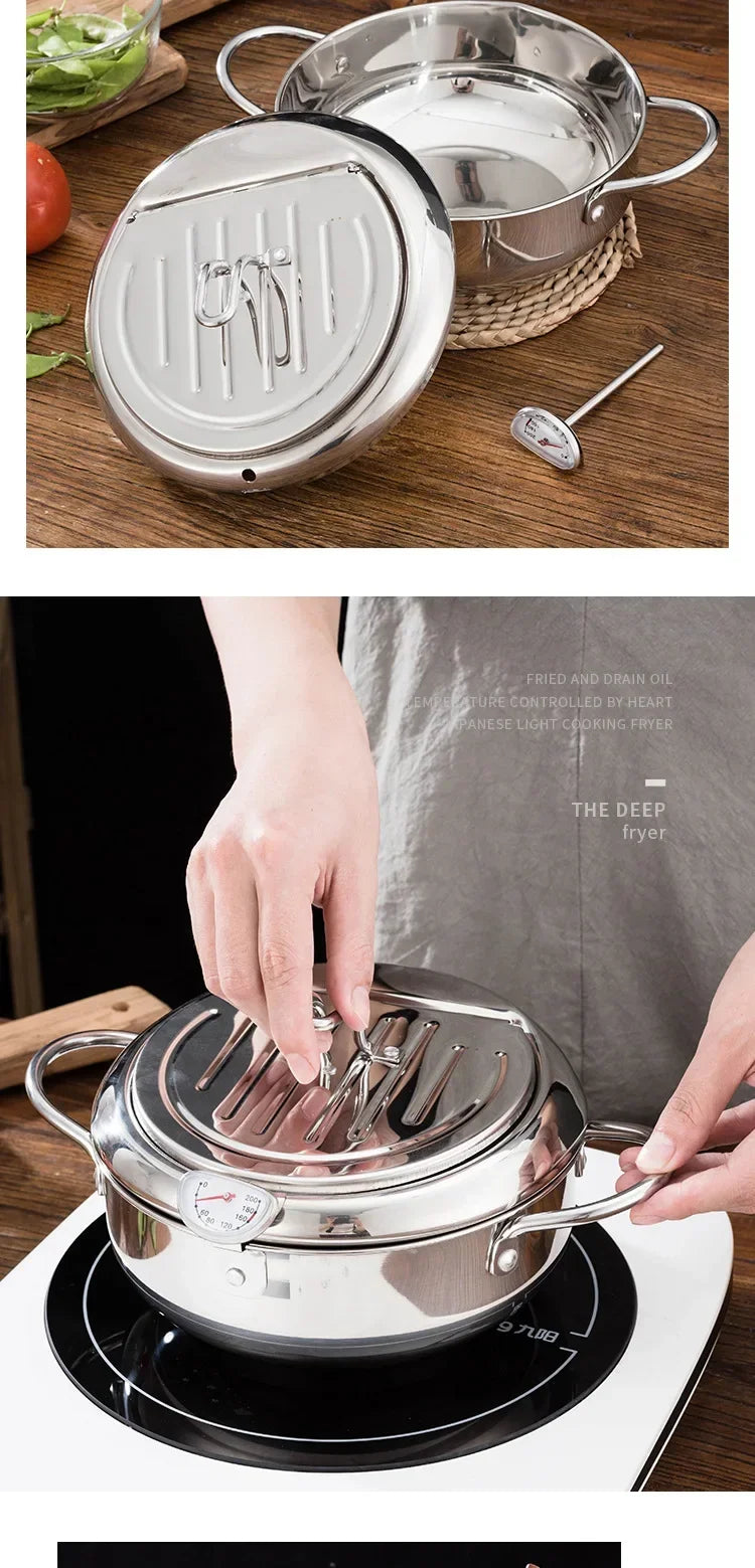 Multifunctional deep fryer with Thermometer and Oil Drip Drainer Rack Household Double Bottom Gas Induction Cooker Kitchen Tools