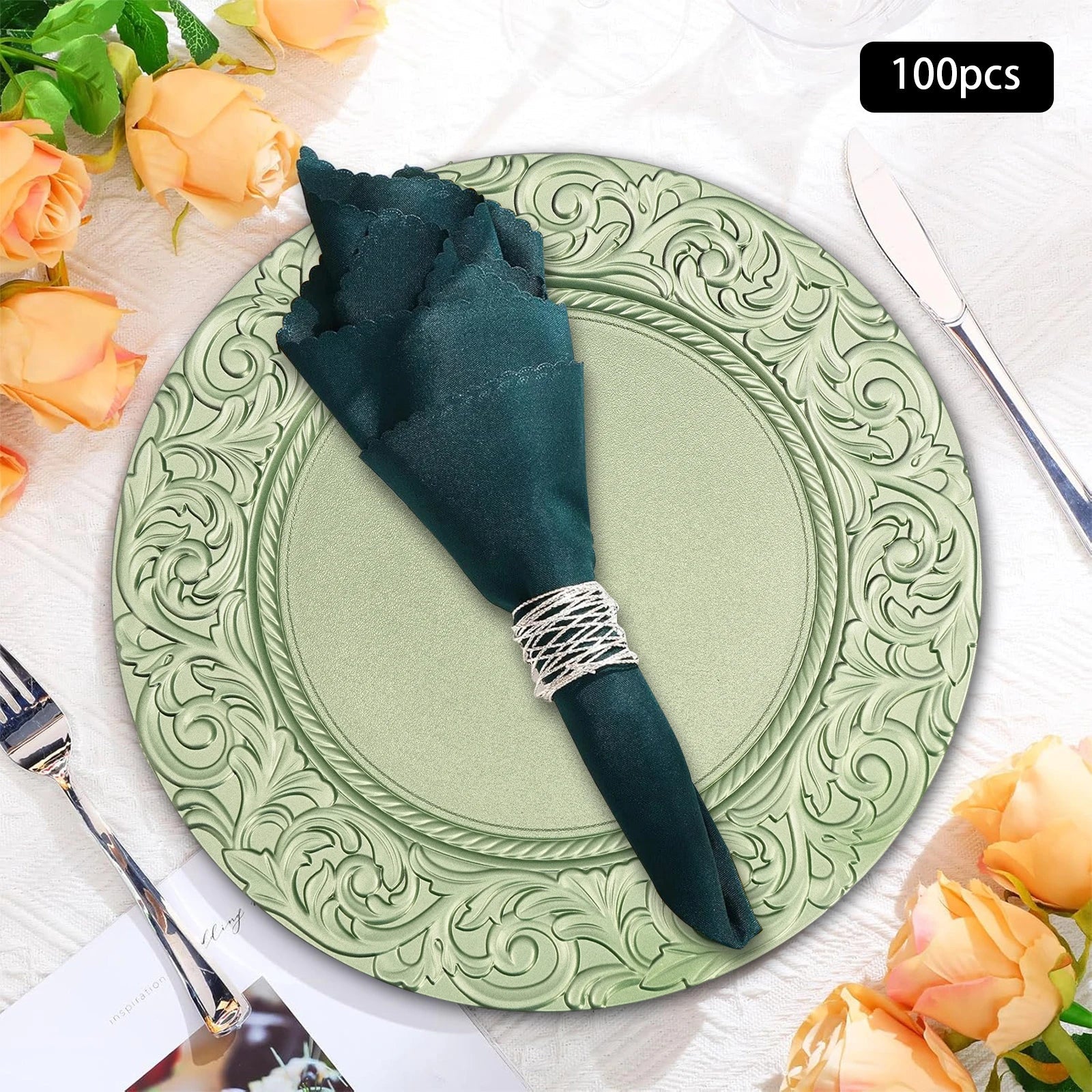 100PCS 13-Inch Round Charger Plates – Decorative Silver/Green Table Setting Plates for Weddings, Parties, Events & Kitchen Dining