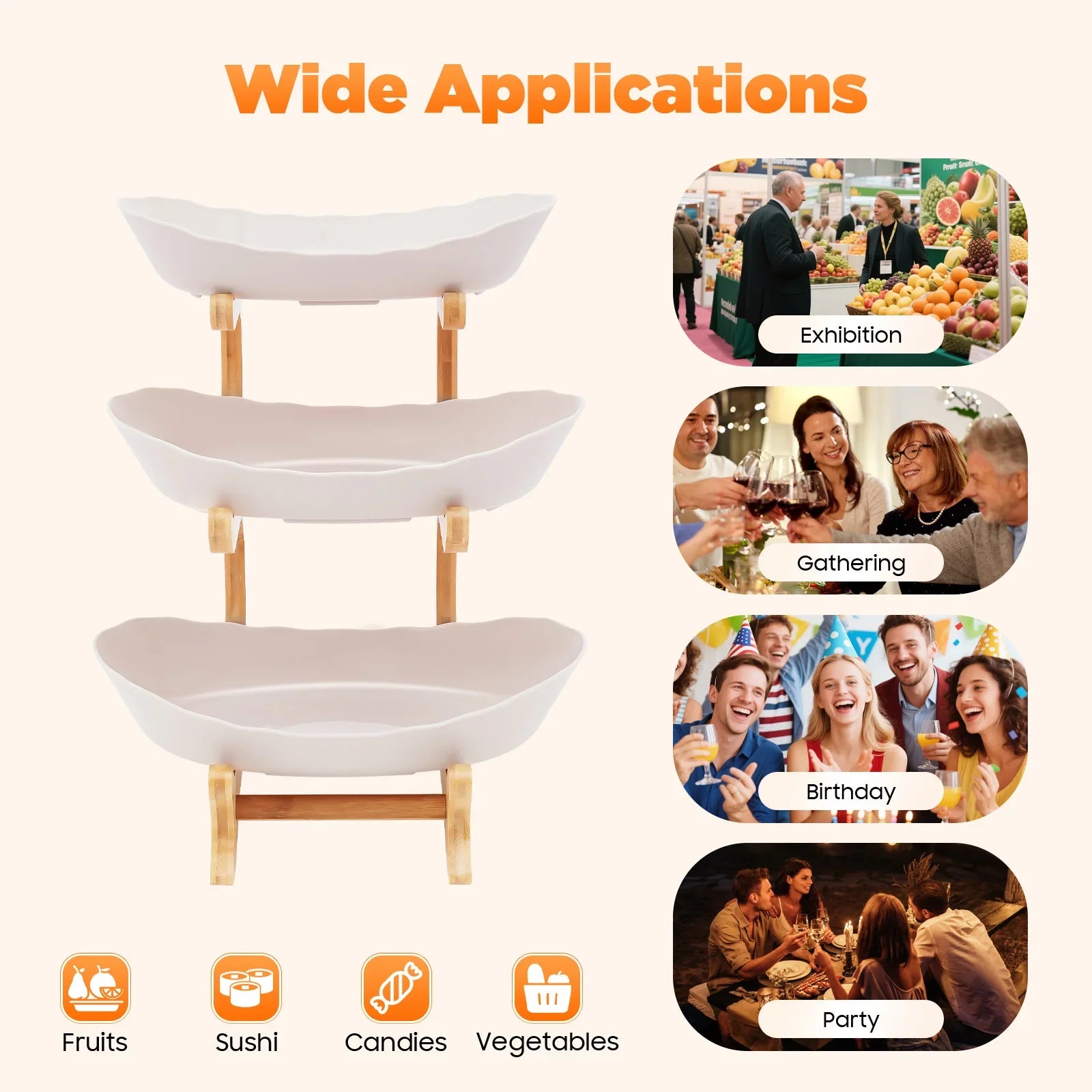 3-Tier Fruit & Dessert Tray Stand – Multi-Layer Snack, Candy & Cake Display with Bamboo Wood Rack for Parties, Weddings & Home Decor