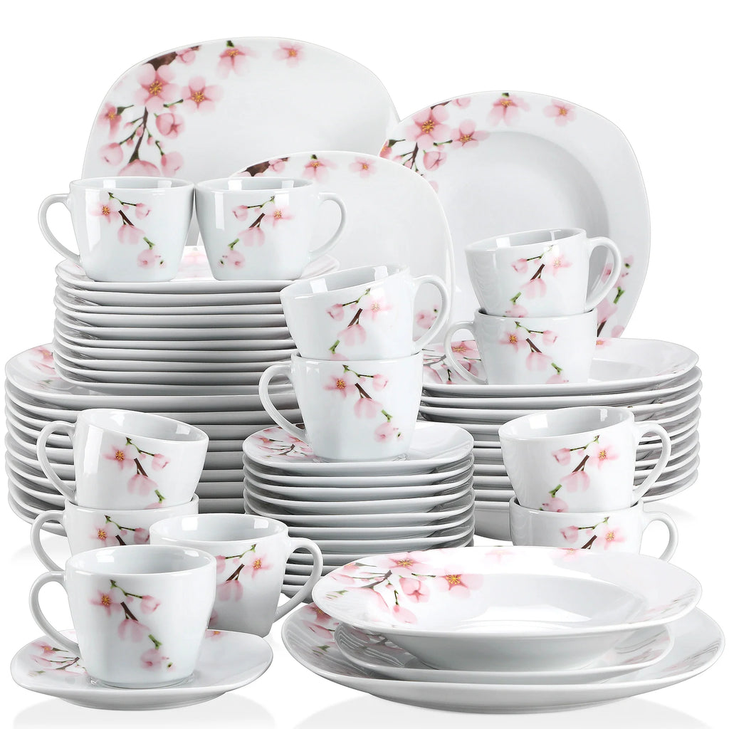VEWEET ANNIE 60-Piece Porcelain Dinnerware Set – White Ceramic Pink Floral Plates, Bowls, Cups & Saucers for 12 People