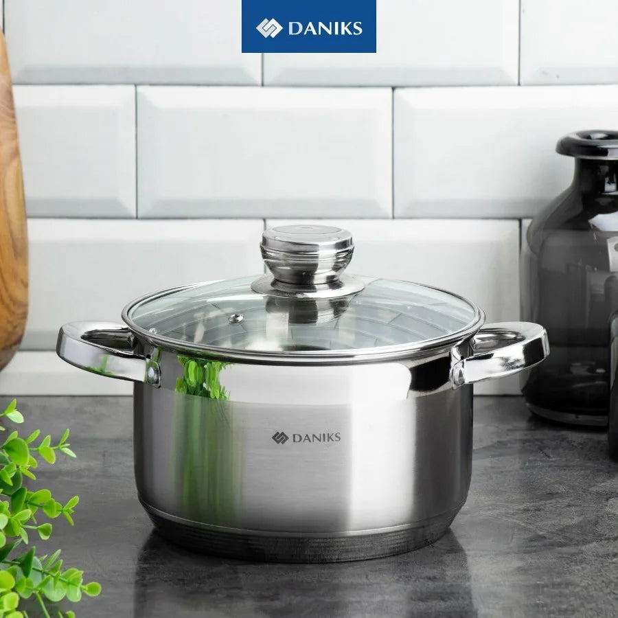 Standard 9-Piece Stainless Steel Induction Cookware Set, Saucepan, Dishwasher Safe Pots, Measuring Scale, Glass Lids, For Soup,