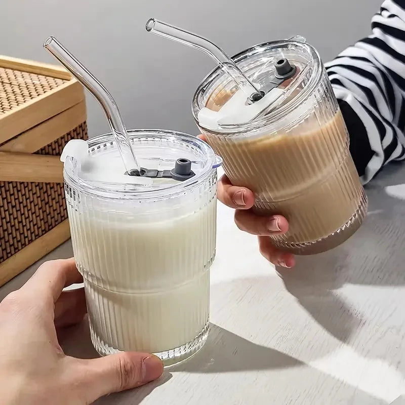 6 pieces, 13.5oz/400ml, ribbed glassware vintage vertical striped glass cup-an elegant drinking utensil suitable for iced coffee