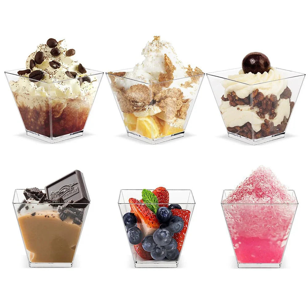 60ml Dessert Bowl with Spoon Set Square Mini Dessert Cups Disposable Supplies Reusable Accessories for Tasting Pudding Yogurt