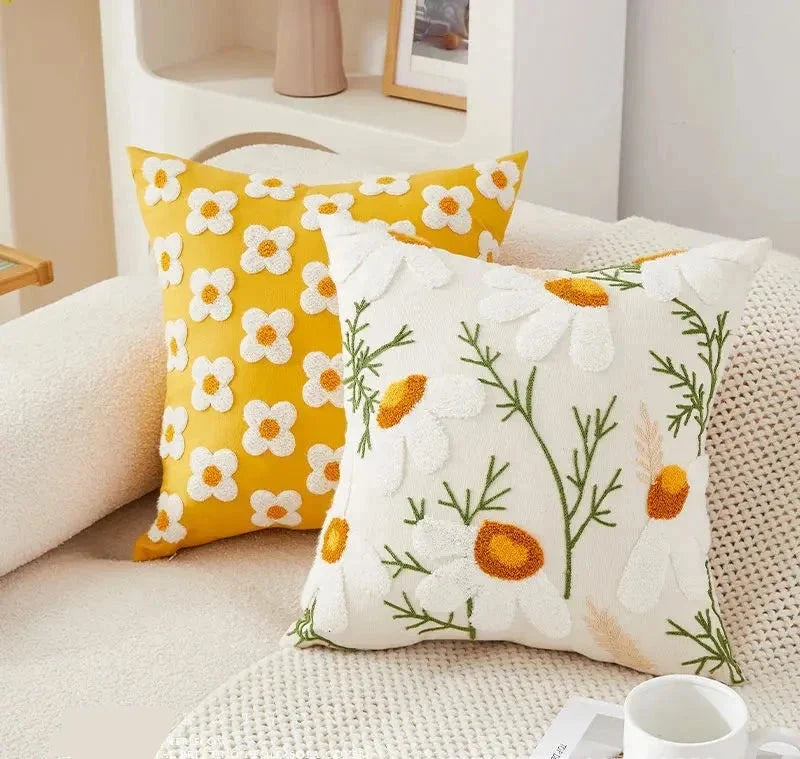 Floral Embroidered Canvas Pillow Cover – Boho Countryside Cushion
