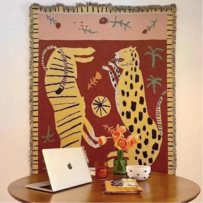 Two Leopard Tapestry Throw Blanket – Woven Cotton Blend Boho Animal Print Blanket for Sofa, Bed & Home Decor