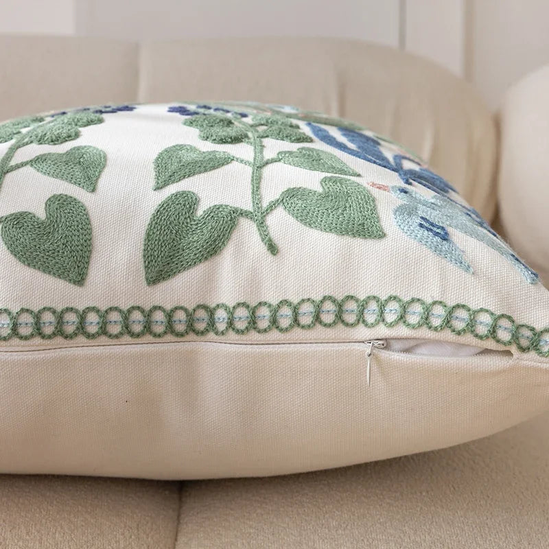 Floral Embroidered Cotton Pillow Cover