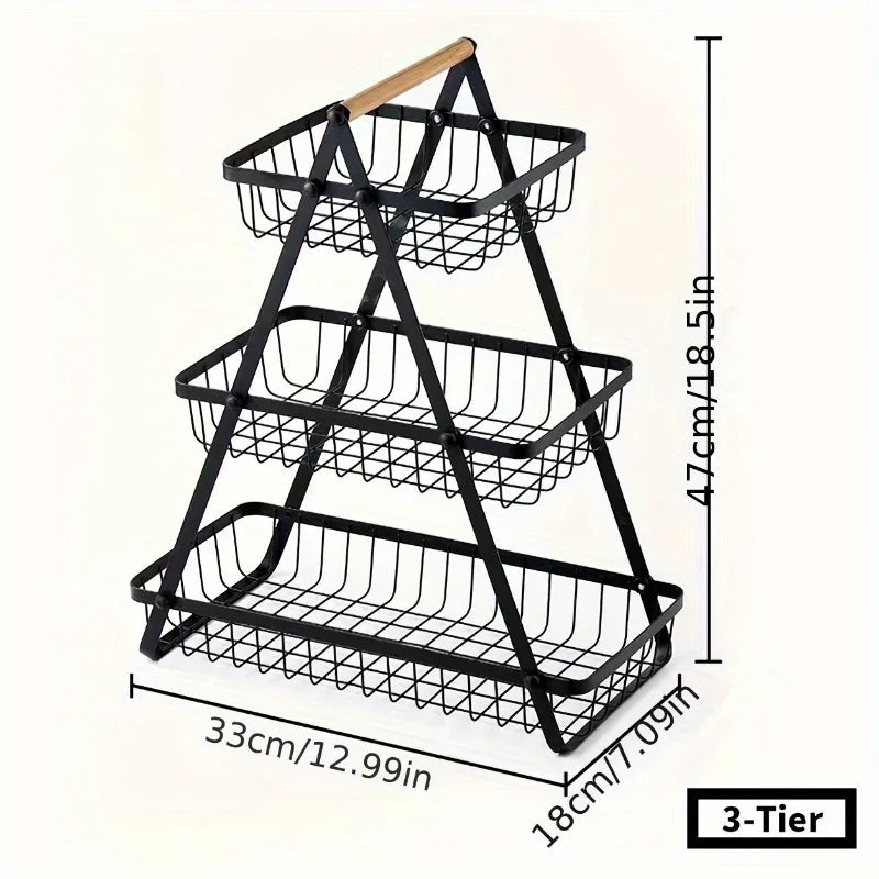 Three-tier fruit basket with sturdy kitchen storage box, suitable for fresh produce and household kitchen use.