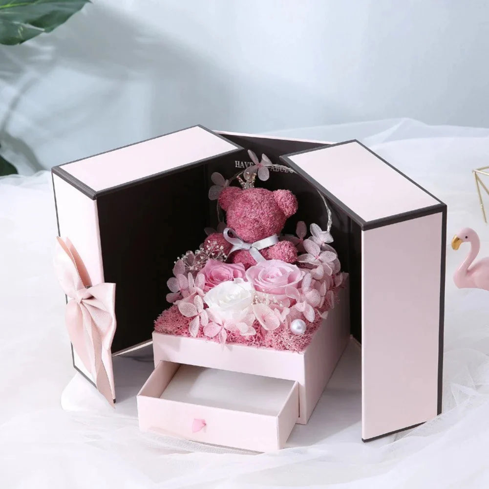 Rose Bear Gift Box with Eternal Rose and Necklace