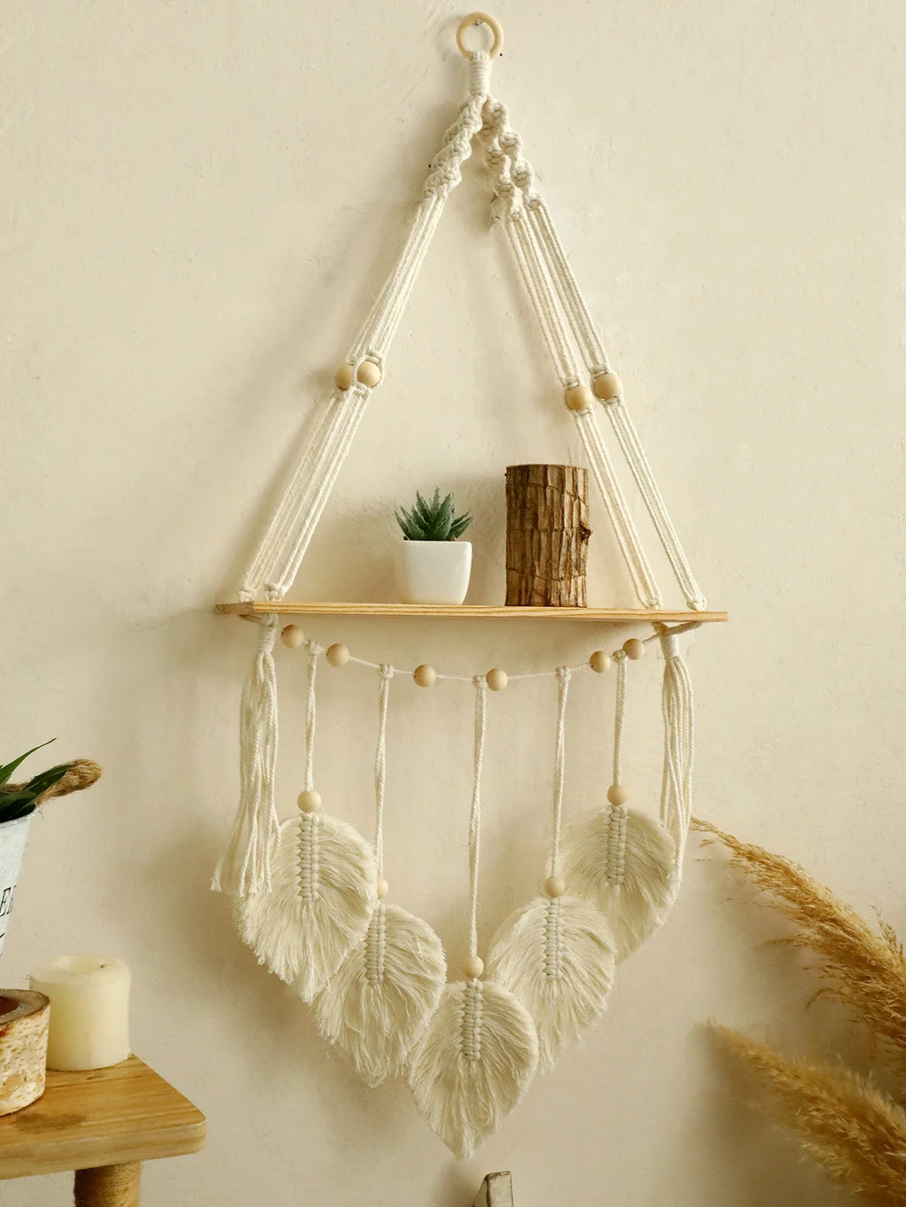 Boho Macrame Floating Wall Shelf with Leaf Tassels